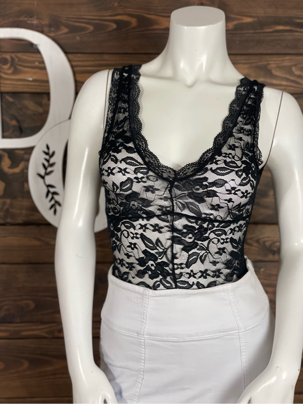 Poof! Black Lace Floral Deep Plunge V-Neck Bodysuit Scalloped Open Low Back